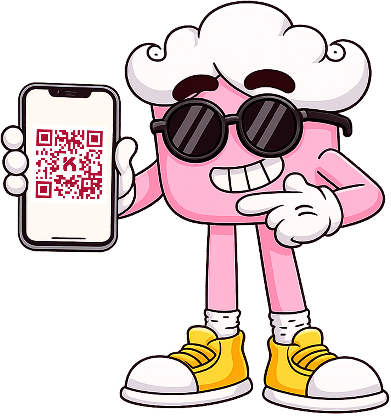 Mascota de Komu mostrando el QR de la tarjeta de fidelización en el celular