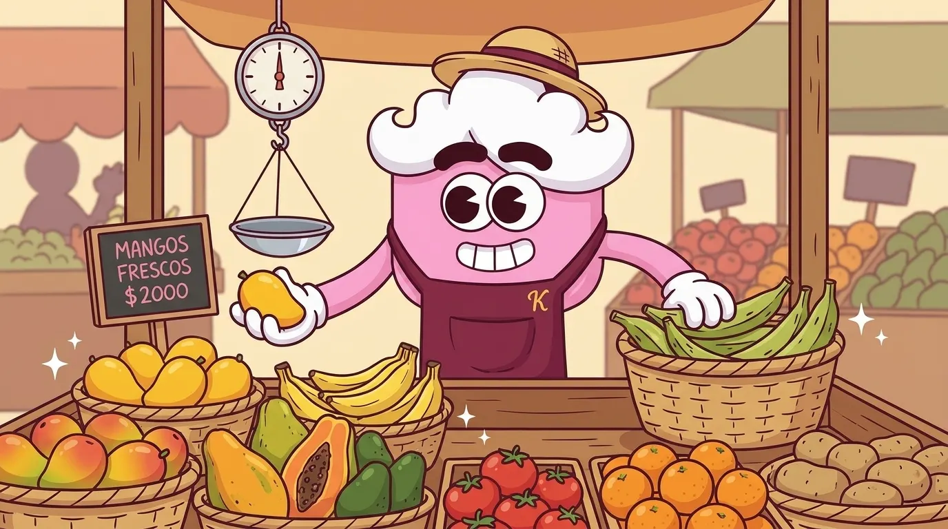 Komi frutero en la plaza de mercado